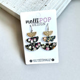 Dark Pink Orange Floral Triple Half Circle Drop Earrings