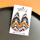 Black, Orange, Pink, and White Stripe Cork Leather Wedge Earrings