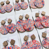 Red, White, and Blue Tie-Dye Round & Wood Stud Leather Earrings