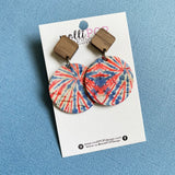 Red, White, and Blue Tie-Dye Round & Wood Stud Leather Earrings
