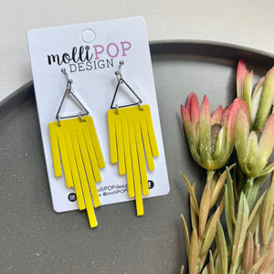 Sunshine Yellow Leather Fringe Triangle Earrings