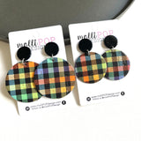 Black and Rainbow Buffalo Plaid Cork Circle Earrings