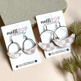 Pink and White Checkered Half Moon Earrings