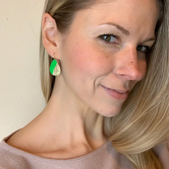 Mini Bright Green and Gold Leather Teardrops