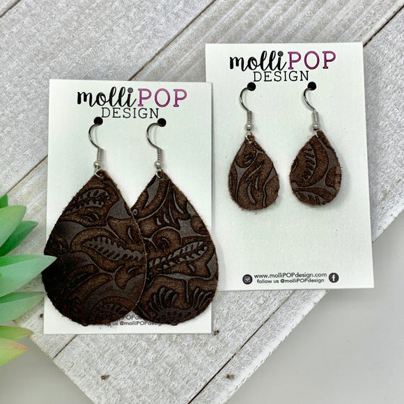 Brown Suede Etched Daisy Teardrop