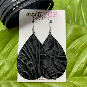 Texas Rose Black Embossed Leather Teardrop
