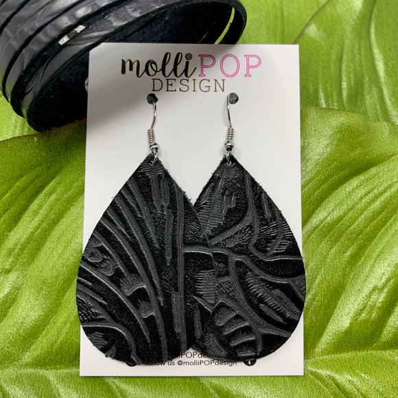 Texas Rose Black Embossed Leather Teardrop