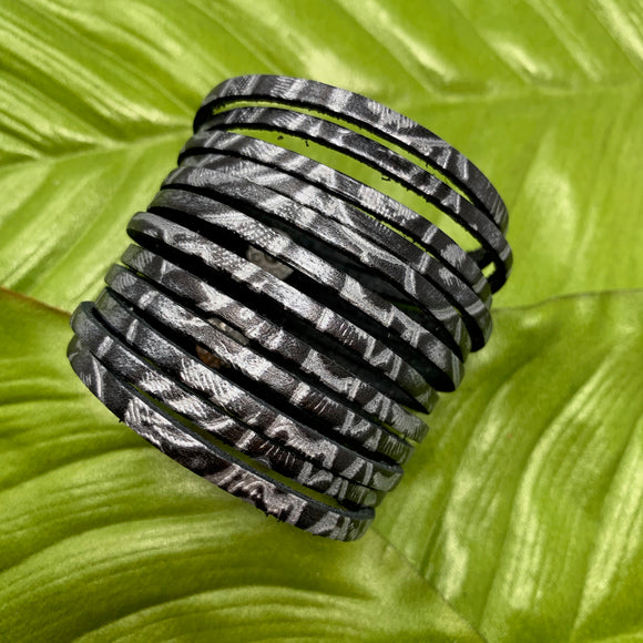Texas Rose Black and Silver Embossed Leather Slit Cuff