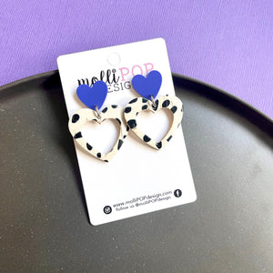 Blue and Black & White Spot Cut-Out Heart Earrings