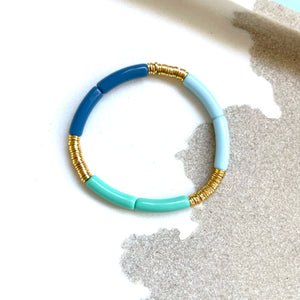 Small Blue & Green Acrylic Tube and Gold Disc Bracelet