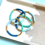 Small Blue & Green Acrylic Tube and Gold Disc Bracelet