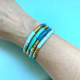 Small Blue & Green Acrylic Tube and Gold Disc Bracelet