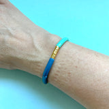 Small Blue & Green Acrylic Tube and Gold Disc Bracelet