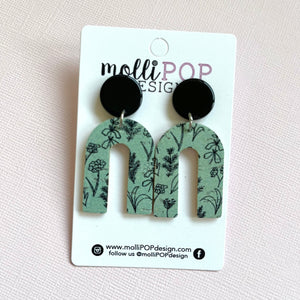 Teal with Black Flowers Arch Leather Earrings