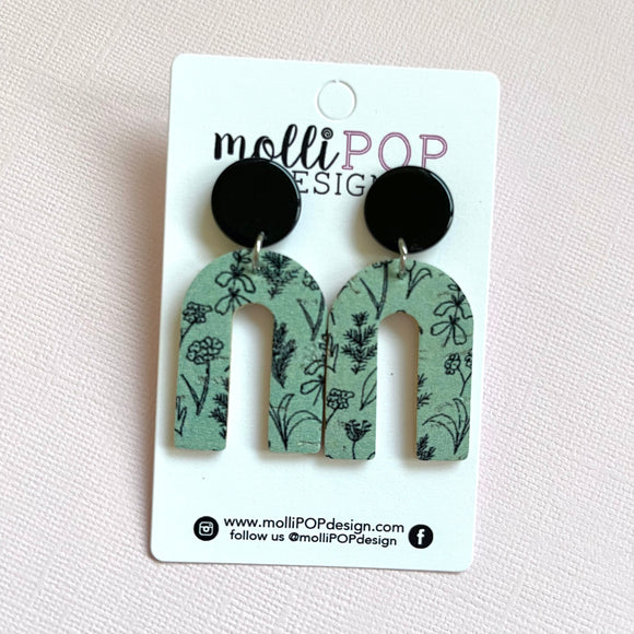 Teal with Black Flowers Arch Leather Earrings