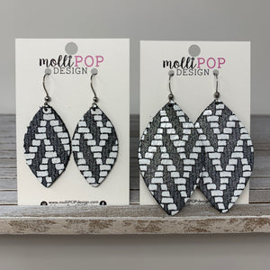 Charcoal and White Chevron Leather Leaf Earrings