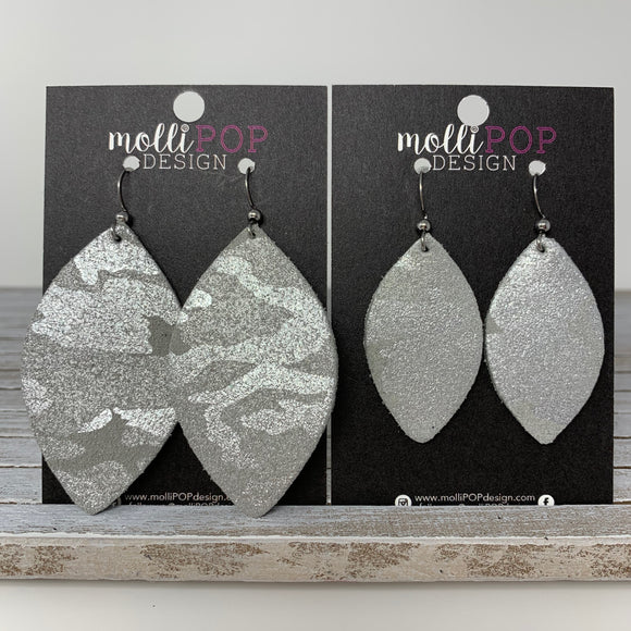 Silver Shimmer Camo Leather Leaf Earrings