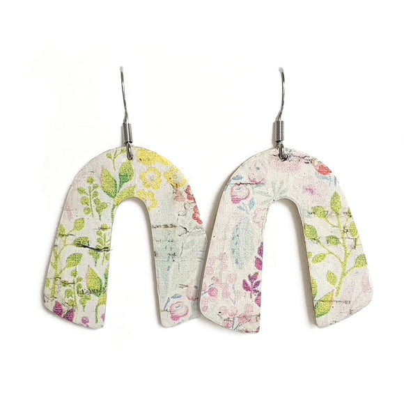 Pastel Spring Flowers Arch Cork Leather Earrings