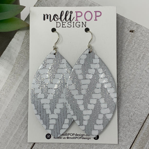 Silver and White Chevron Leather Leaf