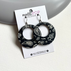 Black Paisley Round Cork Leather Earrings