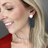 Green Plaid Rectangle Earrings with Cream Studs