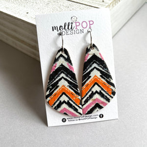 Black, Orange, Pink, and White Stripe Cork Leather Wedge Earrings