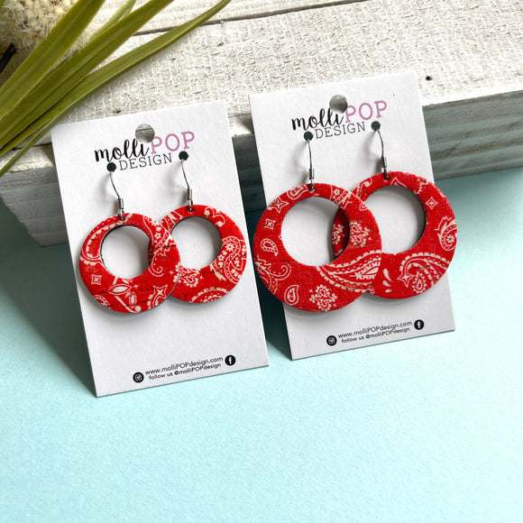 Red Paisley Round Cork Leather Earrings