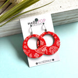 Red Paisley Round Cork Leather Earrings