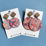 Red, White, and Blue Tie-Dye Round & Wood Stud Leather Earrings
