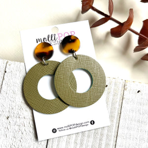 Olive Leather Hoop Earring with Tortoise Shell Stud