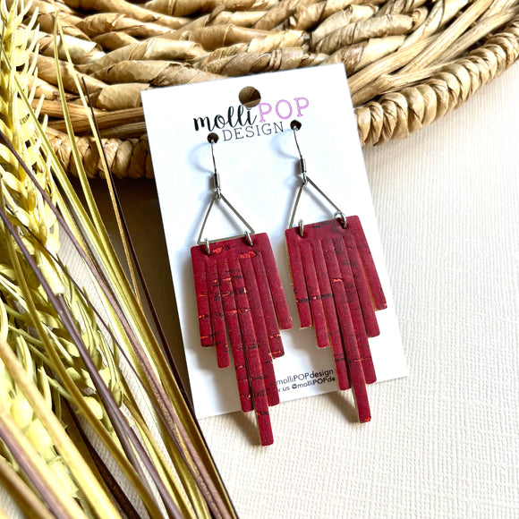 Cranberry Cork Leather Fringe Triangle Earrings