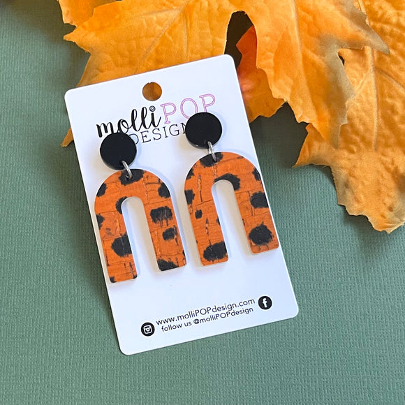 Orange and Black Arch Cork Leather Earrings