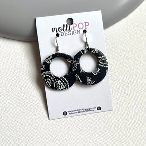 Black Paisley Round Cork Leather Earrings