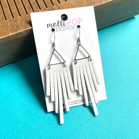 White Leather Fringe Triangle Earrings