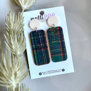Green Plaid Rectangle Earrings with Cream Studs