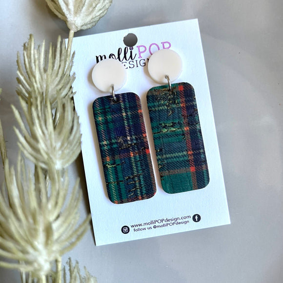 Green Plaid Rectangle Earrings with Cream Studs