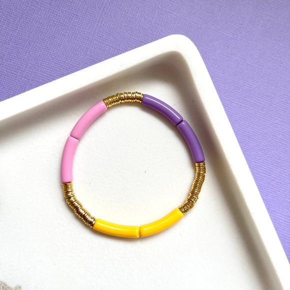 Small Pink, Yellow, Purple Acrylic Tube and Gold Disc Bracelet