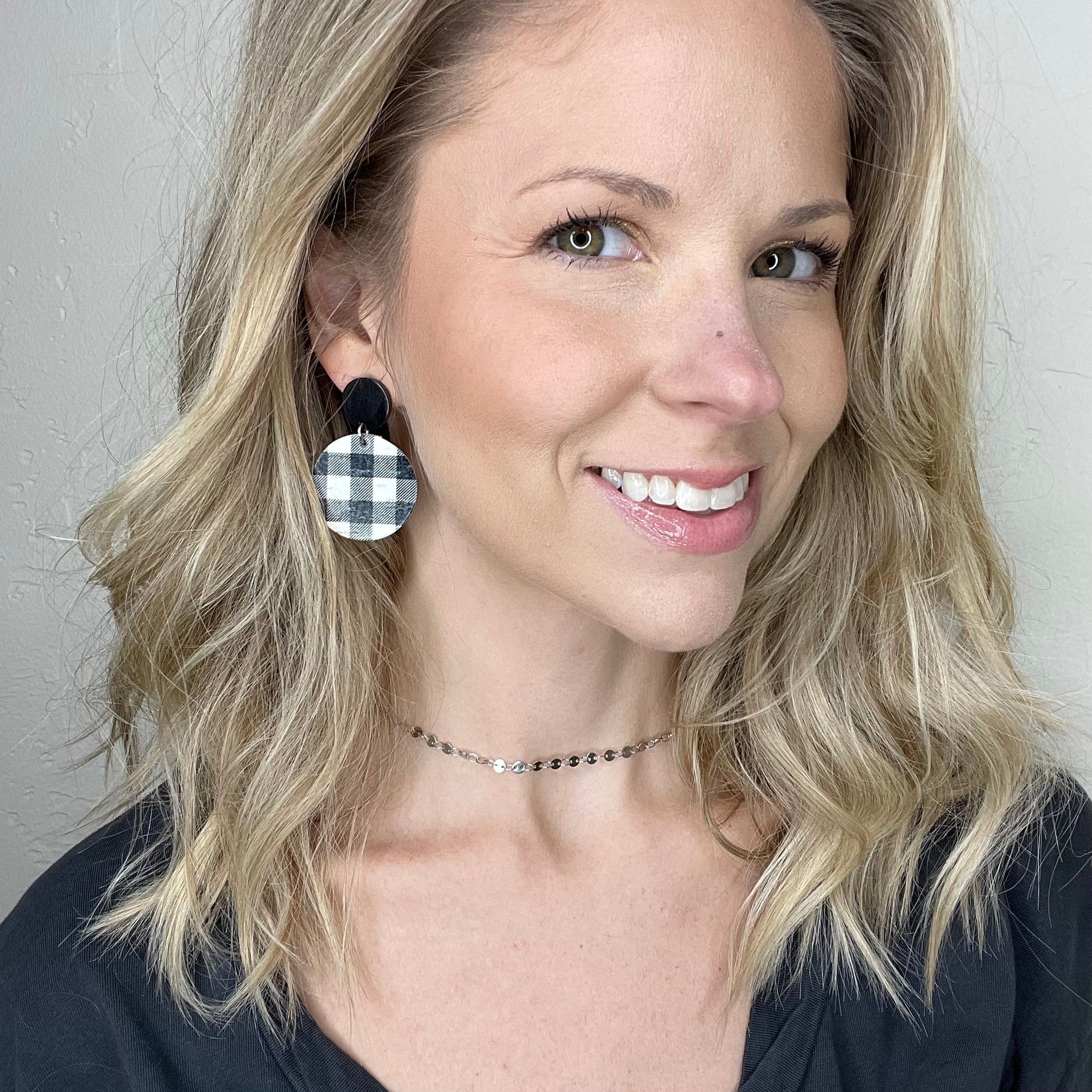 Black and White Buffalo Plaid Cork Circle Earrings molliPOPdesign