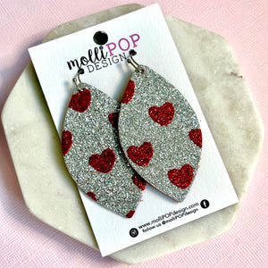 Silver and Red Heart Sparkle Leaf Earrings