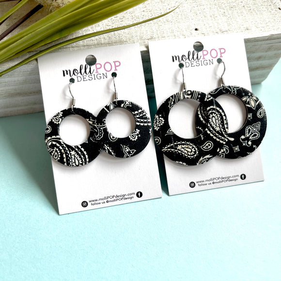 Black Paisley Round Cork Leather Earrings