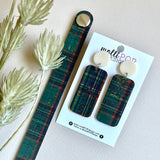 Green Plaid Rectangle Earrings with Cream Studs