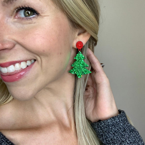 Sparkle Christmas Tree Leather with Red Sparkle Stud Earrings